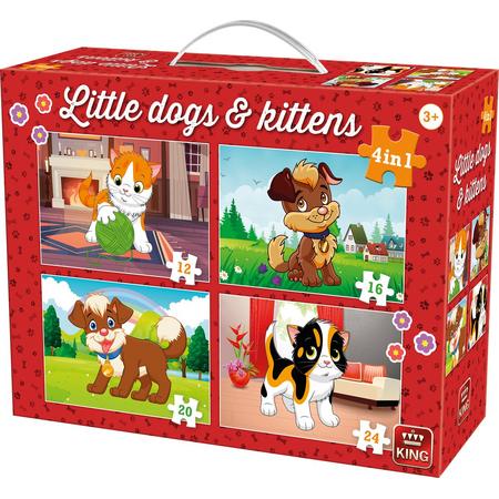 Puzzel 4 in 1 - Honden en Poezen - Vier Kinderpuzzels in Koffertje - Met Handvat