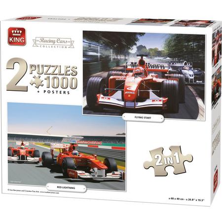 King 2 in 1 Puzzel 1000 Stukjes (68 x 49 cm) - Formule 1 Raceauto Collectie - Legpuzzel Autorace