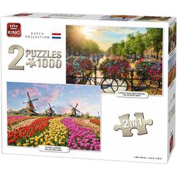 King 2 in 1 Puzzel 1000 Stukjes (68 x 49 cm) - Twee Legpuzzels Nederland - Tulpen en Gracht