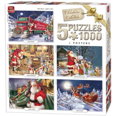 King 5 in 1 puzzel - met gratis poster – 5000 stukjes – 68 x 49 cm per puzzel – Kerstpuzzel –Legpuzzel-Kerst-Kerstman- urenlang puzzelen – het ideale Kerstkado