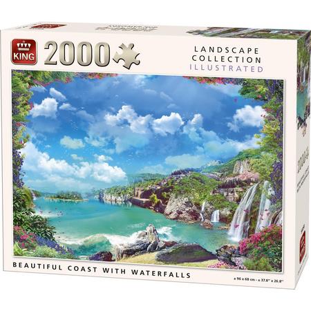 King Puzzel 2000 Stukjes (96 x 68 cm) - Kustlijn met Watervallen - Legpuzzel Landschap