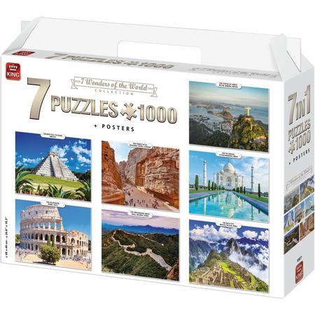 Puzzelbox 7 in 1 - 7 x 1000 Stukjes Puzzel - Zeven Wereldwonderen - King - Inclusief Posters