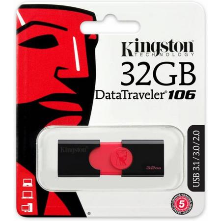 Kingston Technology DataTraveler 106 32GB 3.0 (3.1 Gen 1) USB-Type-A-aansluiting Zwart, Rood USB flash drive