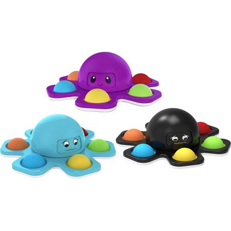 3 Pack - Fidget Spinner met Pop Up Bubble - Face Changing Octopus - Anti Stress - Rage 2021/2022 - Zwart / Blauw / Paars