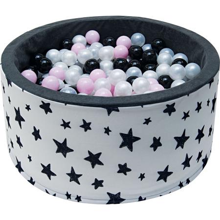 Ballenbak  incl. 200 ballen  -  Wit met zwarte sterren  -  Wit, zwart, grijs en roze ballen