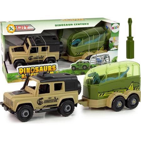 DIY Speelgoed Off road terreinwagen met trailer en dinosaurus - Trailer is los te koppelen - Vanaf 3 jaar - Speelgoedwagen