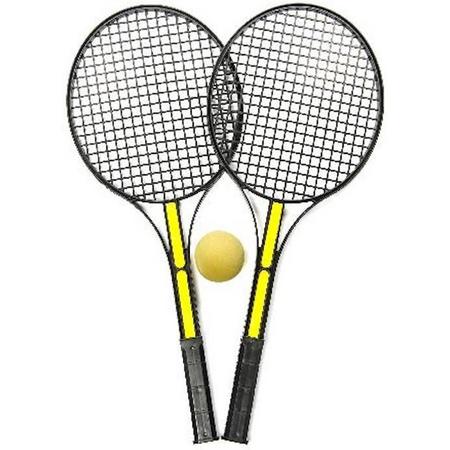 2 Tennis Rackets voor kinderen zwart plastic met zachte softbal geel