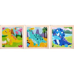 Houten puzzels - 3 stuks - 9 delig - Montessori - Dinos - 11x11 cm
