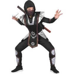 LUCIDA - Zwart en zilverkleurig shuriken ninja kostuum voor kinderen - M 122/128 (7-9 jaar) - Kinderkostuums