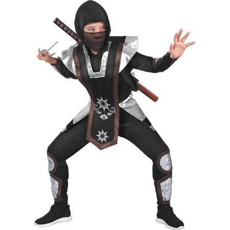 LUCIDA - Zwart en zilverkleurig shuriken ninja kostuum voor kinderen - XS 92/104 (3-4 jaar) - Kinderkostuums