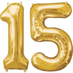Versiering 15 Jaar Ballon Cijfer 15 Verjaardag Versiering Folie Helium Ballonnen Feest Versiering XL Formaat Goud - 86Cm