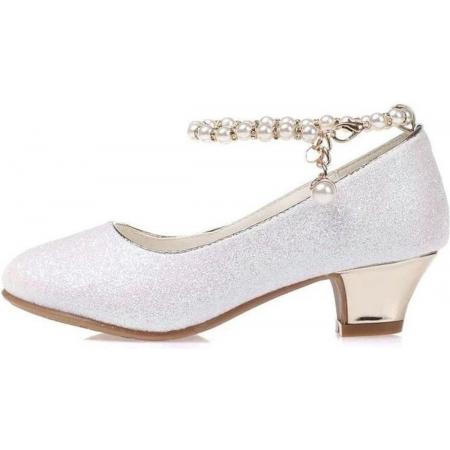 Communie schoenen - Prinsessen schoenen wit glitter met pareltjes - maat 27 (binnenmaat 17,5 cm) bij bruidsmeisjes jurk