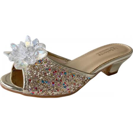 Elsa Prinsessen slipper schoenen goud glitter met hakje maat 27 - binnenmaat 17,5 cm - bij jurk verkleedkleding