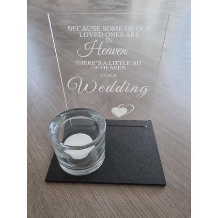 Gedenkbordje voor bruiloft because some of our loved ones are in heaven - met waxinehouder