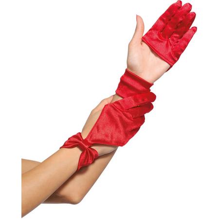 Leg Avenue Satijnen halve handschoenen met strik., Model 3737 (Rood)