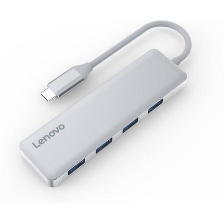 Lenovo - Aluminium Type-C adapter hub naar 4x USB 3.0 poorten  - 5Gbps - Voor Macbook, Netbook, etc. - Zilver