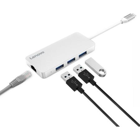 Lenovo - Type-C adapter/hub naar 3x USB3.0 en RJ45 Ethernet (10/100/1000Mbps) - Zilver