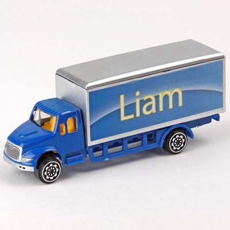 Blauwe model truck met naam