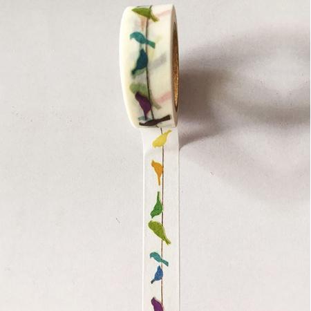 LeuksteWinkeltje masking tape Gekleurde Vogels op draad - decoratie washi papier tape 15 mm x 10 m