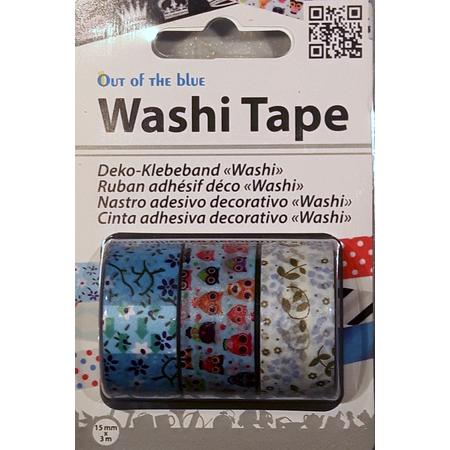LeuksteWinkeltje masking tape Uil / Bloemen / Bloemen - decoratie washi papier tape - 3 rollen 15 mm x 3 m