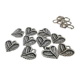 10 Tibetaanse zilver Engelveren Hart Bedel met gratis ringetjes, 15x18 mm, prachtig om sieraden zoals oorbellen, armband en als hanger.