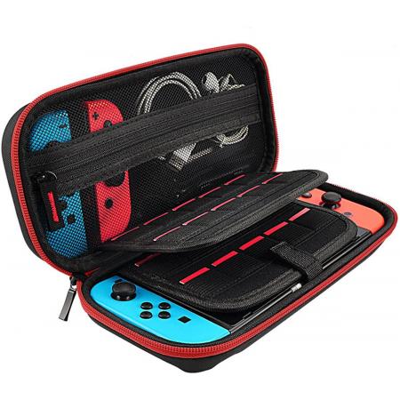 Beschermcase voor Nintendo Switch – hard case – beschermhoes voor 20 games – opbergvakken met rits – ritsvak - duurzaam – robuust – geschikt voor Nintendo Switch – Rood – Zwart – bescherming