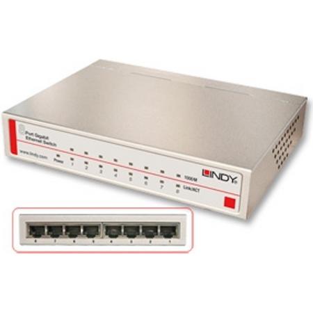 Lindy Network Switch - Gigabit, Desktop, 8 Port, 10/100/1000 Beheerde netwerkswitch Power over Ethernet (PoE) Zilver