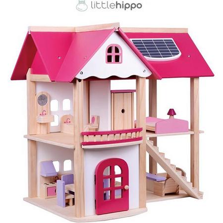 Little hippo Poppenhuis - Houten roze Villa - Luxe Poppen huis