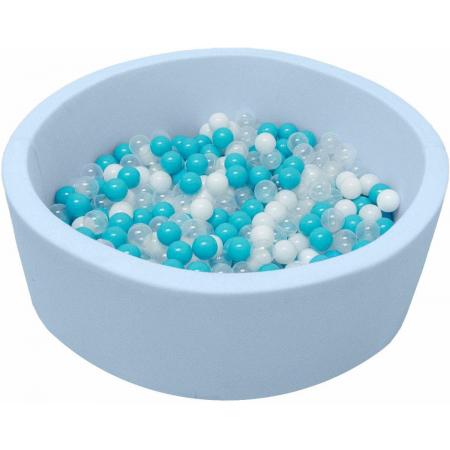 LittleTom OEKO-TEX – Knuffelig Ballenbak met 350 Babyballen – Set vanaf 0 Jaar – 90 x 30 cm – Ballenbad in Lichtblauw – Ø 5,5 cm Ballen in Blauw, Wit & Transparant