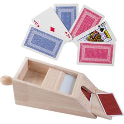 Houten Blackjack kaartgever/slof met handvat 28 x 11,5 x 9,5 cm inclusief 2x sets speelkaarten