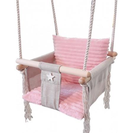 Luxe houten handgemaakte baby schommel en kinder schommel met roze kussen – Baby swing - Schommelstoel - Schommels - Roze kussen