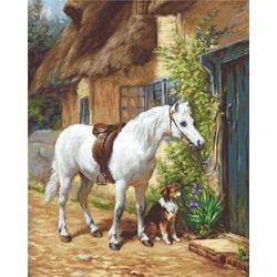 Borduurpakket met telpatroon cottage met paard en hond van Luca-s
