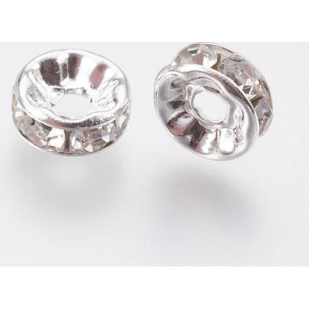 LunaLady Rhinestone spacer beads, zilver met heldere rhinstones, 8x3,5 mm. 20 stuks