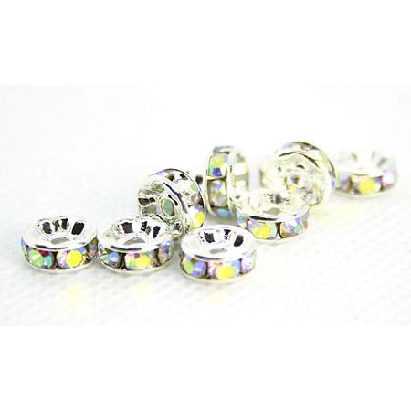 LunaLady Rhinestone spacer beads, zilver met  multi color rhinstones, 8x3,5 mm. 20 stuks