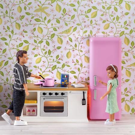 Lundby poppenhuis Set - Keuken (wit) met koelkast (roze)