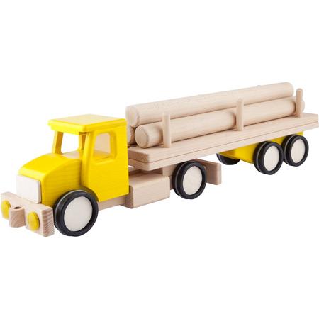 Gele houten vrachtwagen met boomstammen - 52x10x13cm - Handgemaakt - Uniek design - LUPO