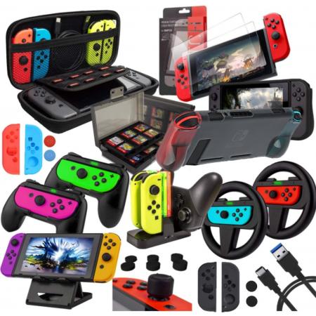 Luxergoods Nintendo Switch Accessoires – Nintendo Switch Case – Mees Volledige set (30-IN-1) – Nintendo switch console – Oplader – Standaard – Screenprotector – Grip Joy-Con – Siliconen Hoesjes – Game Card Case