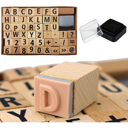 Alfabet Stempels - Luxe houten stempelset - Stamp alphabet - 49 stuks - 26 letters & 10 cijfers & 12 leestekens - Inclusief stempel