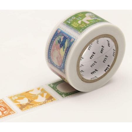 MT washi tape Postage Stamp. Witte washi tape met retro postzegels.