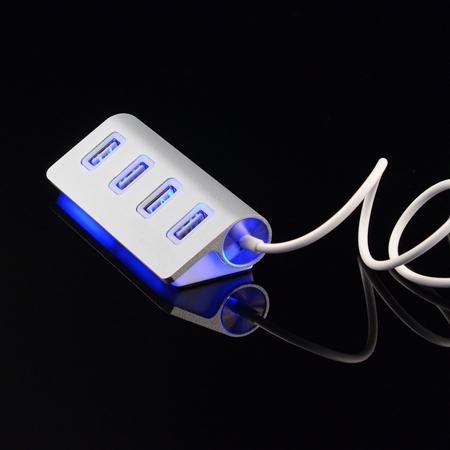 USB Hub 4 poorten / USB Verdeler  met LED verlichting - Zilver