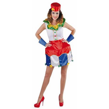 Clowns kostuum voor dames - Circus thema jurkje met circustent als rok en pierrot kraag - maat 46/48