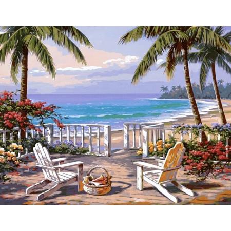 Beach 2 palmbomen – 30x40cm - VIERKANT – HQ Diamond Painting - volledig dekkend - Diamant Schilderen – voor Volwassenen – strand – vakantie