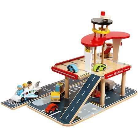 Mamabrum Houten Speelgoed Vliegveld / Garage - Set met Vliegtuig Helicopter en Autos