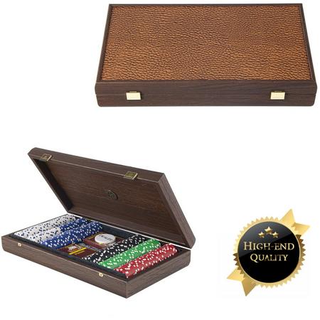 Donker Walnoothouten kist - Leatherette top -met 300pcs Poker set  top kwaliteit