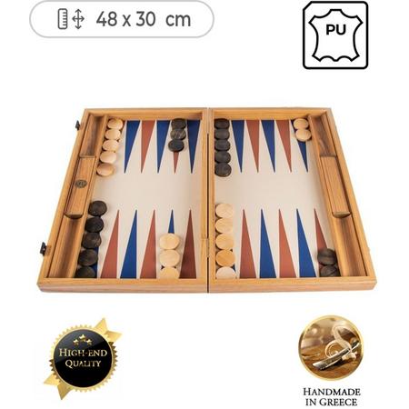 Leatherette Champagne Beige Backgammon spel - met Blauw Bruin - 48x30cm