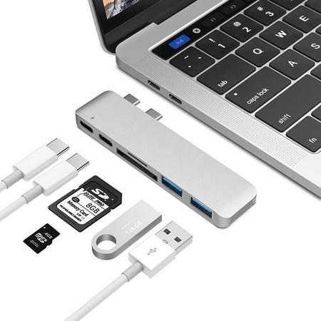 6 in 2 USB-C Hub - USB 3.0 - SD/MicroSD - USB-C PD - Grijs - Macbook - Chromebook - Smartphones
