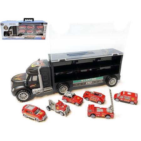 Brandweer vrachtwagen transporter truck - Fireman - Bluswagen - speelgoed mini brandweerautos - 6-delig set koffer - Oplegger voor 12 brandweerwagens - 39cm