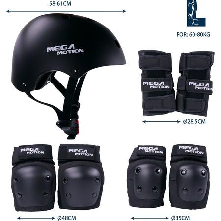Mega Motion Kinderen/Jeugd Verstelbare Veiligheid Beschermende uitrusting - 7-delige set, S/L maat - beschermende helm, knie-overlapping, elleboogbeschermer, polsband voor buitensporten - Zwart/L