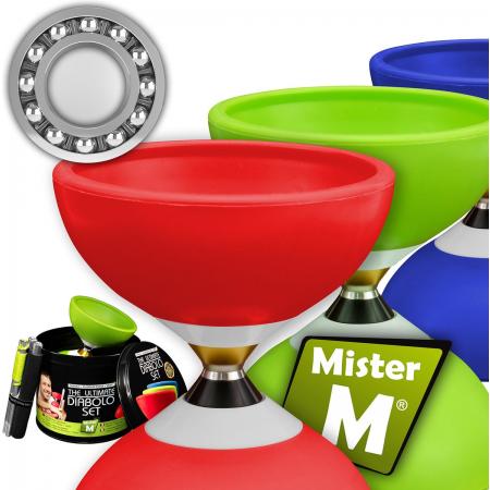 Mister M® Jongleerset: rode kogeldiabolo, aluminium stangen, reservekoord & app/handleiding om te leren jongleren. In geschenk-/reisdoos