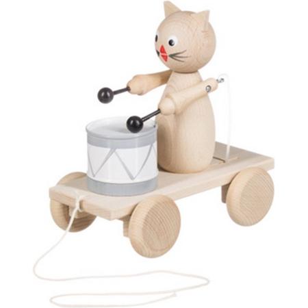 Houten trekfiguur trekdier kat poes met trommel op wielen